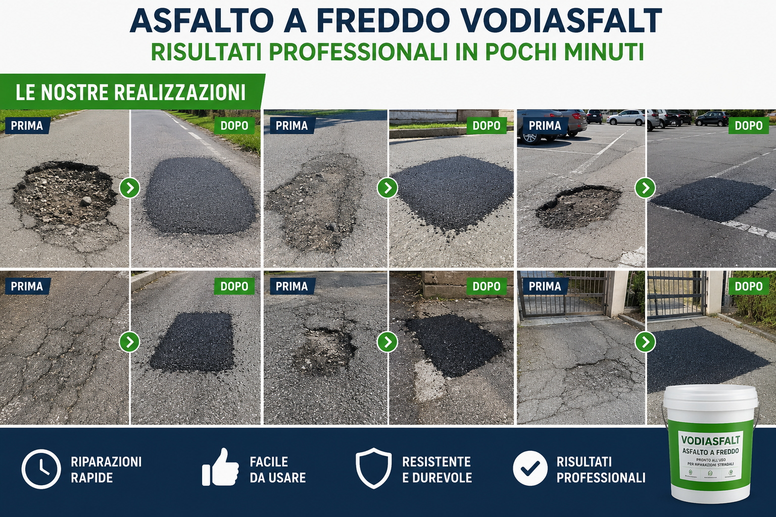 ASFALTO A FREDDO VODIASFALT 1 3 5 10 20 KG RIPARA BUCHE CREPE PRONTO USO