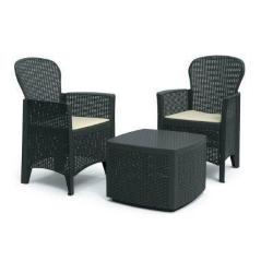 Salotto Da Esterno In Rattan 1 Tavolo + 2 Poltrone Con Cuscini Antracite Mod. Tree