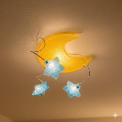 PLAFONE DA SOFFITTO PER INTERNO IN PLASTICA CON LUNA GIALLA E STELLE AZZURRE 3XE14