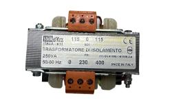 Trasformatore monofase, potenza nominale 250 VA, tensione primaria 230/400 V, tensione secondaria 110/230 V.