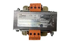 Trasformatore monofase, potenza nominale 400 VA, tensione primaria 230/400 V, tensione secondaria 110/230 V.