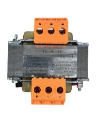 Trasformatore di sicurezza da 63 VA, tensione primaria 230/400 V, tensione secondaria 12-0-12 V.
