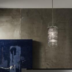 LAMPADA A SOSPENSIONE PER INTERNI IN VETRO TRASPARENTE E PAGLIETTA ARGENTATA 