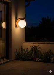 APPLIQUE PER ESTERNO CON SFERA E BRACCIO IN LEGNO 1XE27 