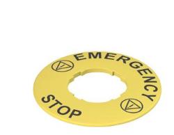Targhetta con foro sagomato, disco giallo Ø 60 mm, scritta "EMERGENCY STOP"
