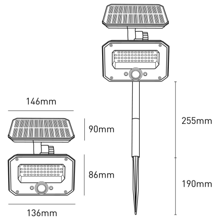 Picchetto Solare ricaricabile LED 8W- 4000K con sensore crepuscolare e rilevatore di presenza PIR